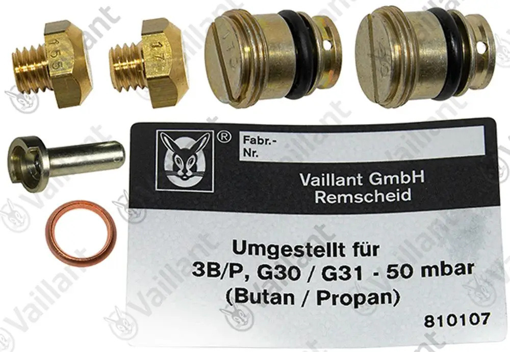 Vaillant Ersatzteile, bestehend aus Schrauben, Dichtungen und einer Anleitung, die für den Austausch von Düsen in bestimmten Geräten verwendet werden.